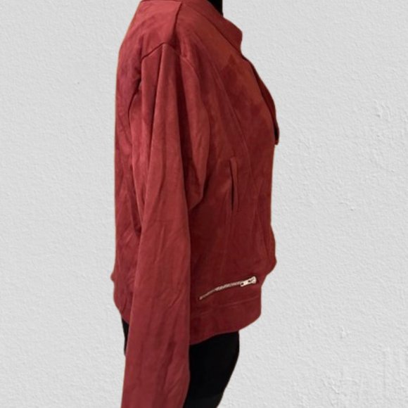 Burgundy Faux Suede drape front Moto Jacket - Picture 4 of 11